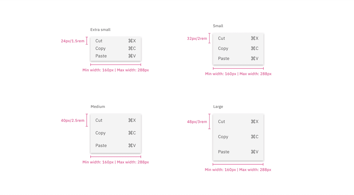 Menu sizes